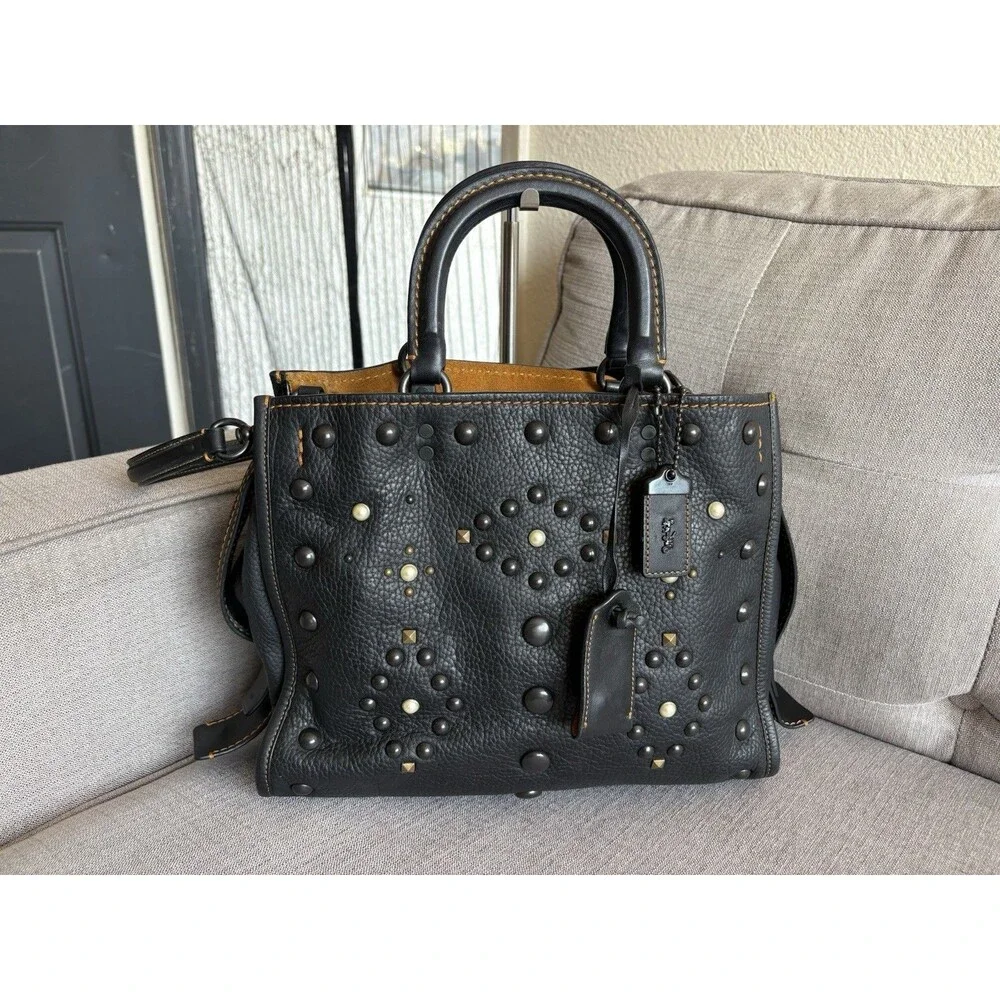 COACH Rogue 20315 Central Satchel Black Leather Studded Rivets Shoulder Bag